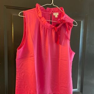 J Crew women’s sleeveless ruffle neck top with bow accent. Hot pink and red
